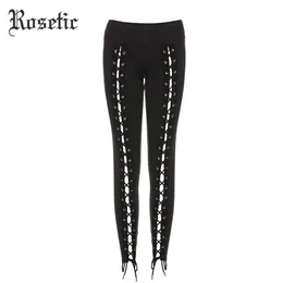 ROSETIC GOTHIC LEGGINGS Byxor Bandage Kvinnor Vår Svart Slim Lace-Up StreetWear Skinny Fashion Sexig Casual Harajuku Goth Pants 201014