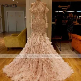 Sparkly Cekiny Mermaid Prom Dresses 2020 Halter Pióro Długie Rękawy Luksusowe Suknie Wieczorowe Formalne Suknie Wieczorowe Suknie