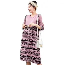 Maternity Dresses Kvinnor O-Neck Långärmad Sticka Klänning Moms Loose Fit Vintage Knitting Pullover Fashion Mid-Long Sweater