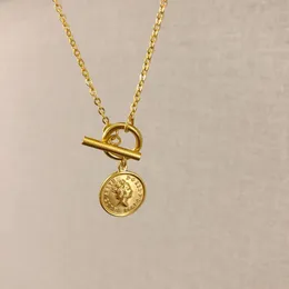 Titanium With 18K Gold OT Chain Geo Queen Coins Necklaces Women Jewelry Punk Party Designer Club T Show Korea Japan Q0531