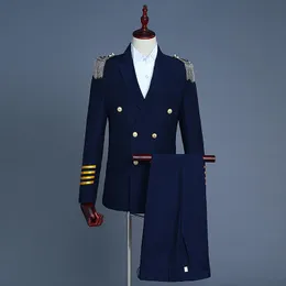 Blazers Erkekler Takımlar Beyaz Çift Kesin Kesilmiş Düğün Damat Tailcoat Suit Erkekler Sahne Cosplay Kaptan Kostümü Homme Akşam Balo Erkekleri Pantolon