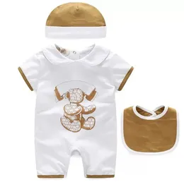 Spot Varor Baby Rompers Sommardesigner Pojkar och Tjejer Kläder Tecknade Nyfödda Jumpsuits Kortärmad Docka Krage Spädbarn Jumpsuits Girl Clothing Set Hat Bibs