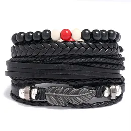 Moda Multilayer Leather Feather Charm Bransoletka Punk Vintage Braided Handmade Koraliki Bransoletki Bransoletki Dla Mężczyzn Prezenty