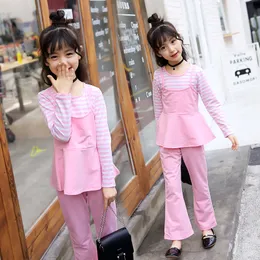 LZH Autumn Casual Teenager Girl Clothes Fashion Striped Pullover+Bell-Bottomed Pants 2Pcs Casual Children's Suits 4-12 Year