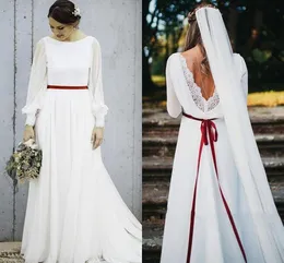 Długie sukienki boho rękawy v tylna szyfonowa szuflada szyi pociąg Burowy wstążka Country Wedding Suknia ślubna Vestido de novia 403 estido estido estido