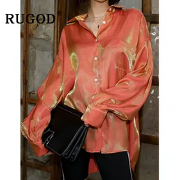 Rugod vintage gradient blusa mulheres elegante lustrosa manga longa laranja camisas senhoras coreana chique giro blusa de colar e tops t200321