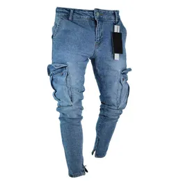 Mens jeans denim pocket byxor sommar hösten tunn smal regelbunden passform rak jeans elasticitet stretchy manlig g0104