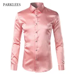 Różowa jedwabna koszula satynowa mężczyźni 2017 moda z długim rękawem męskie slim smoking koszulki casual błyszczącej emulacji jedwabny przycisk Down Sukienka G0105