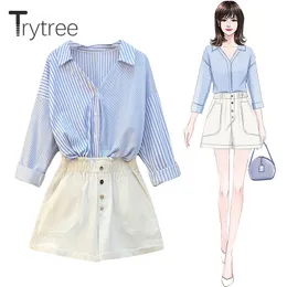 Trytree 여름 가을 여성 두 조각 세트 캐주얼 턴 다운 칼라 스트라이프 느슨한 셔츠 + 반바지 단단한 패션 세트 2 개 세트 201119