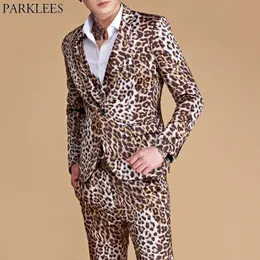 (Jackor + byxor) Mens Leopard Print Suit Casual Slim Fit One Button 2 Piece Set Suits Wedding Singer DJ Stage Plus Costumes Homme 201106