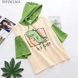 Kvinnor Dinosaur Sweatshirts With Horns Sweet Style Short Sleeve Bomull Hoodies Girls Green Hoodie Print Hooded Harajuku Pullovers 201203