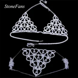 Stoneefans kvinnor sexigt hjärta rhinestone bh kropp bröstkedja tillbehör kristall kropp smycken transparent thong trosor underkläder t200507