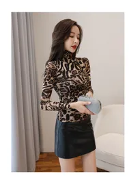 Autumn new women's sexy bodycon gauze leopard print long sleeve turtleneck t-shirt plus size SMLXLXXL3XL
