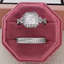 Anéis de Casamento da Marca Choucong Jóias da Moda Vintage 925 Prata Esterlina Corte Princesa Branco Topázio CZ Diamante Gemstones Eternity Party Women Bridal Ring Set Gift