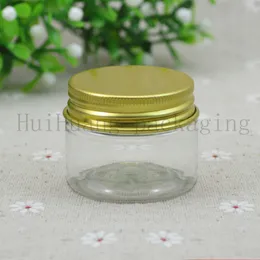 50st / parti 20g CLEAR plastkosmetisk burk Serumflaska Guld Aluminium Cap High end Refillerbar Hand Cream Case Metal Lid