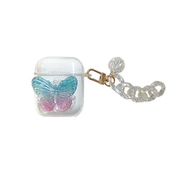 Fashion pretty 3d colorful transparent stylish butterfly cover case for airpods 1 2 pro with chain strap