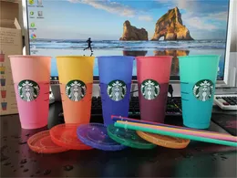 Starbucks 24OZ/710ml Plastic Mug Tumbler Reusable Clear Drinking Flat Bottom Cup Pillar Shape Lid Straw Bardian DHL