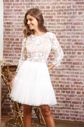 Short A Line Homecoming Dresses Jewel Neck Long Sleeve Appliques Mini Bridal Gowns Plus Size Illusion Tulle Cocktail Party Dresses V68