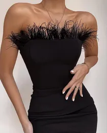 Günlük Elbiseler Moda Seksi Straplez Backless Tüy Siyah Bodycon Bandaj Elbise 2022 Tasarımcı Parti Vestido