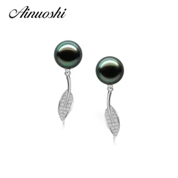 Ainuosh Natural Tahitian Black Pearls 9-9,5 mm Runda pärlor Drop örhängen 925 Sterling Silver Women Anniversary Drop Earring Gift Y200107