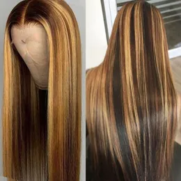 Hot Highlight Ombre Brown Blondin Straight Lace Front Wig 130% Silkeslen Human Hair Wigs Färgade För Svarta Kvinnor Pre Plocked