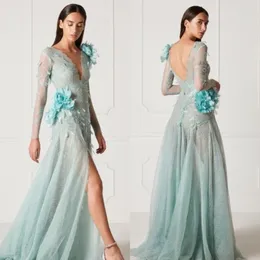 Suknie wieczorowe V Neck Z Długim rękawem Koronki Aplikacje Prom Suknie 2020 Custom Made Sweep Pociąg linia Specjalna okazja Sukienka Hamda Al Fahim