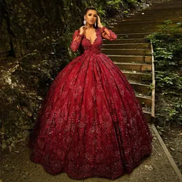 Dark Red frisada Lace Prom Dresses V profundo Neck lantejoulas mangas compridas vestidos de noite até o chão vestido formal