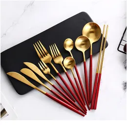4pcs Red Gold Cutlery Set Stainless Steel Food Tableware Set Home Steak Knife Fork Coffee Spoon Teaspoon Upscale Dinner jlldoi