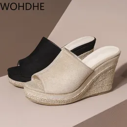 Pantofole con zeppa da donna Pantofole estive con tacco alto Sandali con tacco inclinato Bocca di pesce Pantofole con zeppa con fondo spesso Paglia Scarpe casual X1020