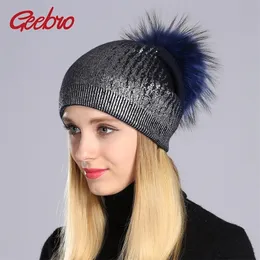 Geebro Winter Women's Women's Print Silvergold Beanies Шляпа повседневная теплая шерстяная шерстяная шапочка с енотом мехового Pom Pom GS066 Y201024