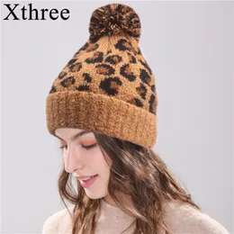 Xthree New Leopard Print Wool Beanies 여성 모피 Pom Poms 니트 모자 겨울 모자 여성 비니 캡 모자 소녀 Y201024
