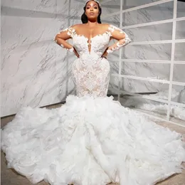 Размер великолепные плюс платья русалка оборки развернуть кружевные свадебные платья с длинным рукавом сексуальное рубашовое вырезом свадебное платье с рыбным хвостом