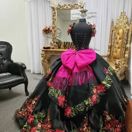 빈티지 블랙 자수 Quinceanera 드레스 2021 멕시코 볼 가운 아플리케 레이스 댄스 파티 드레스 코르셋 멍청이 de 15 anos 공식 WO218X