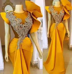 Yellow Elegant Satin Mermaid Evening Dresses Sparkling Crystals Beaded Jewel Neck Ruffle Sleeve Prom Gowns Arabic Aso Ebi Formal Party Wear Vestidos De Festa AL9837