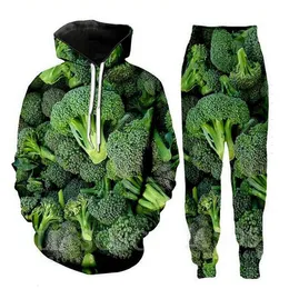 Venta al por mayor ----- Verduras brócoli racimos 3D All Over Print Chándales Sudaderas con capucha + pantalones joggers Traje Mujer Hombre K05