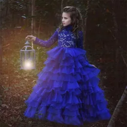 Royal Blue Tiered Organza Flower Girls Vestidos Lace Longo Manga Puffy Toddler Pageant Vestido Jóia Pescoço Menina Brithday Party Vestidos