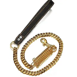 15mm Heavy Duty Dog Leash Rostfritt Stål Guld Kubansk Curb Chain Arbetsbesparande Spring Hund Leash Med Äkta Läderhandtag1 / 2 / 3FTQ0115