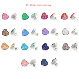 Fast Shipping Hot Heart 13*14mm Resin Mermaid Druzy Earrings Stainless Steel Heart Shaped Earrings Smooth Stud for Women Jewelry