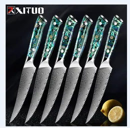 XITUO 1-6 PCS Faca de Bife 67 Camadas Aço Damasco Faca de Bife Serrada Lâmina Afiada Facas de Cozinha Práticas Abalone Shell Handle