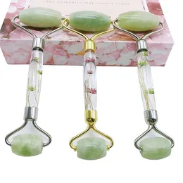 Facial Massage Roller 100% Natural Acrylic Handle Light Green Jade Smooth Edge Guasha Scraping Massage Tool 2-In-1