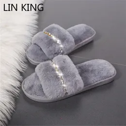 LIN KÖNIG Neue Kristall Frauen Hause Hausschuhe Warme Pelz Innen Boden Hausschuhe Dicke Sohle Damen Anti Slip Winter Rutschen Für schlafzimmer X1020