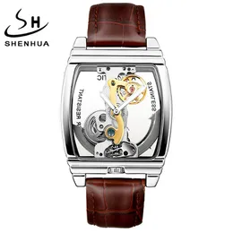 Shenhua Turbillonメンズ腕時計高級自動機械腕時計本革ベルト透明骨格男性ゴールドクロック