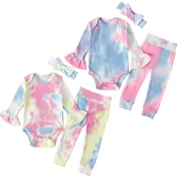 2020 neue Ins Baby Tie Dye Kleidung Set Kinder Flare Hülse Romper + Hosen + Stirnbänder 3 Teile/satz Boutique Pit gestrickte Kleinkinder Outfits