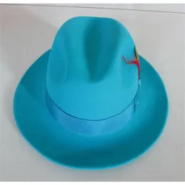 Herr mode fedoras ull cap manlig sjö blå jazz ull cap klassisk ljusblå filt fedora hatt gudfar hatt cowboy cap b-8119 y200110