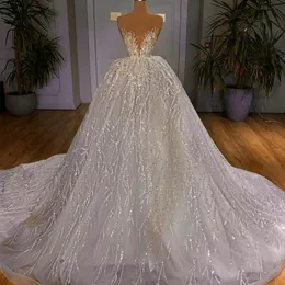 2021 Luksusowe Suknie Suknie Ślubne Suknie Ślubne Kryształowy V Neck Princess Puffy Suknie Ślubne Backless Suknia Ślubna Szata De Mariée