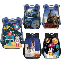 Cartoon Rocket Locomotiva Car Zaino Sacchetti di scuola per bambini per le ragazze dei ragazzi Treno a vapore Astronave Borsa per asilo Zaino per bambini LJ201225