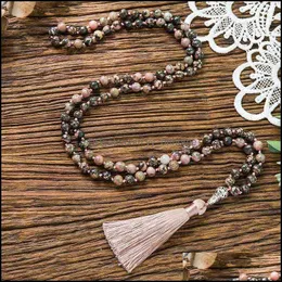 Hänge halsband hängsmycken 8mm naturlig svart linje rodochrosite pärlor knutna halsband meditation yoga välsignelse radband 108 japamal