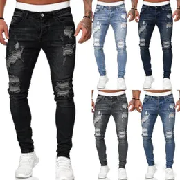 Mäns Jeans Mens Stretch Skinny Ripped Sweatpants Destroyed Holes Slim Denim Byxor Sommar Höst Casual Outwears