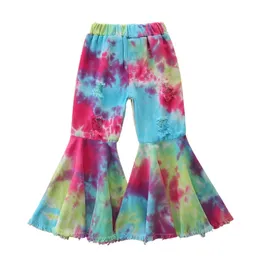 Fashion Toddler Girl Tie Dye Trouser Bell-bottom Christmas Kid Leopard Hole Ruffle Leggings Children's Denim Pants Legs Cloth LJ201019