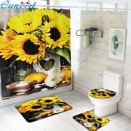 Ouneed Shower Curtains set @@ 4PCS Non Slip Sunflower pattern Toilet Polyester Cover Mat Set Waterproof Bathroom Shower Curtains T200624